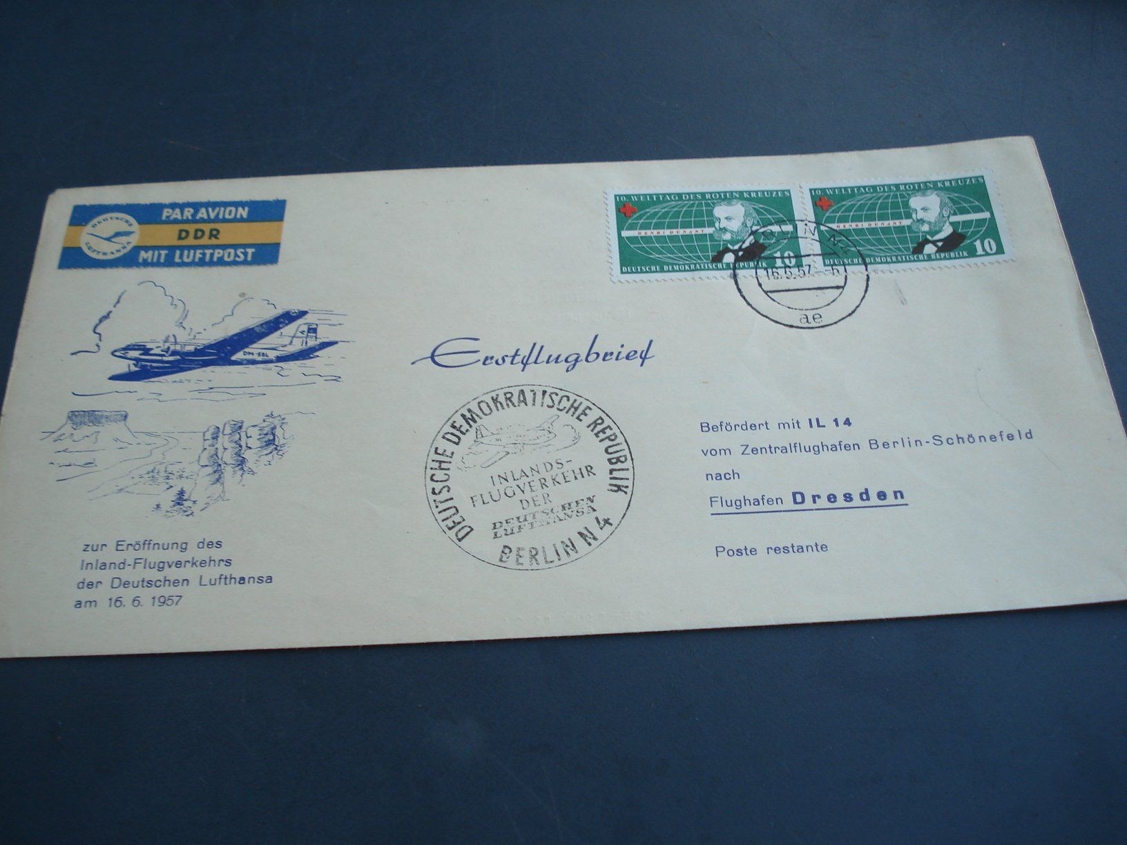 Tutti i francobolli: DDR Erstflugbrief 1957, Berlin-Dresden, Lufthansa – Usato da Niederwil AG venduto da morostahu