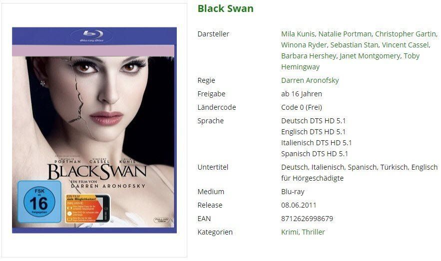 Tutti i DVDs: Black Swan (Bluray+DVD) – Usato da Buchrain venduto da Sssschaller