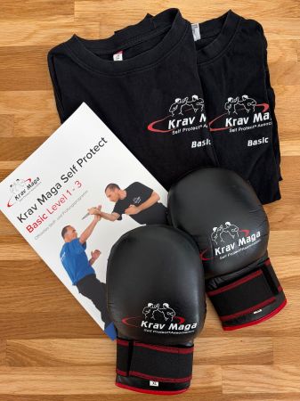 Krav Maga Set: 2 T-Shirts, Handschuhe XL, Lehrbuch