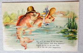 🟡Postkarte von 1905 mit Briefmarke Helvetia antik 2 Fische