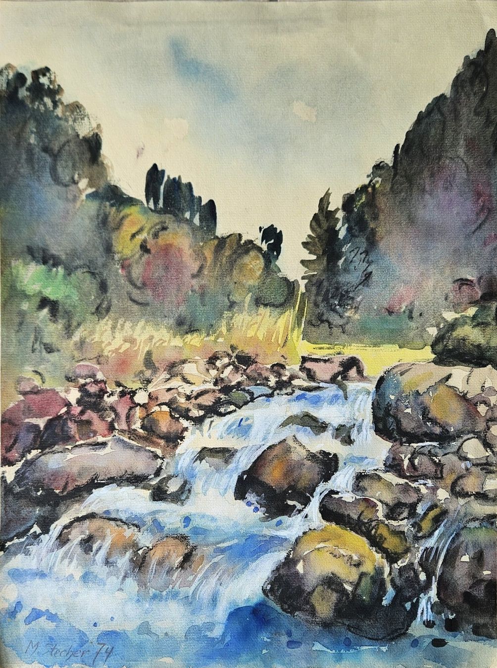 Dipinti: Bergbach, Top Aquarell, M. Stecher – Usato da Dietlikon venduto da Justus4