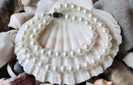 Luxus Muschelkern Perlenkette Perlmutt Perlen Kette 925 NEU