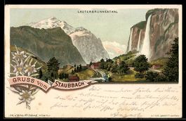 Lithographie Staubbach /Lauterbrunnenthal, Blick zum Staubba