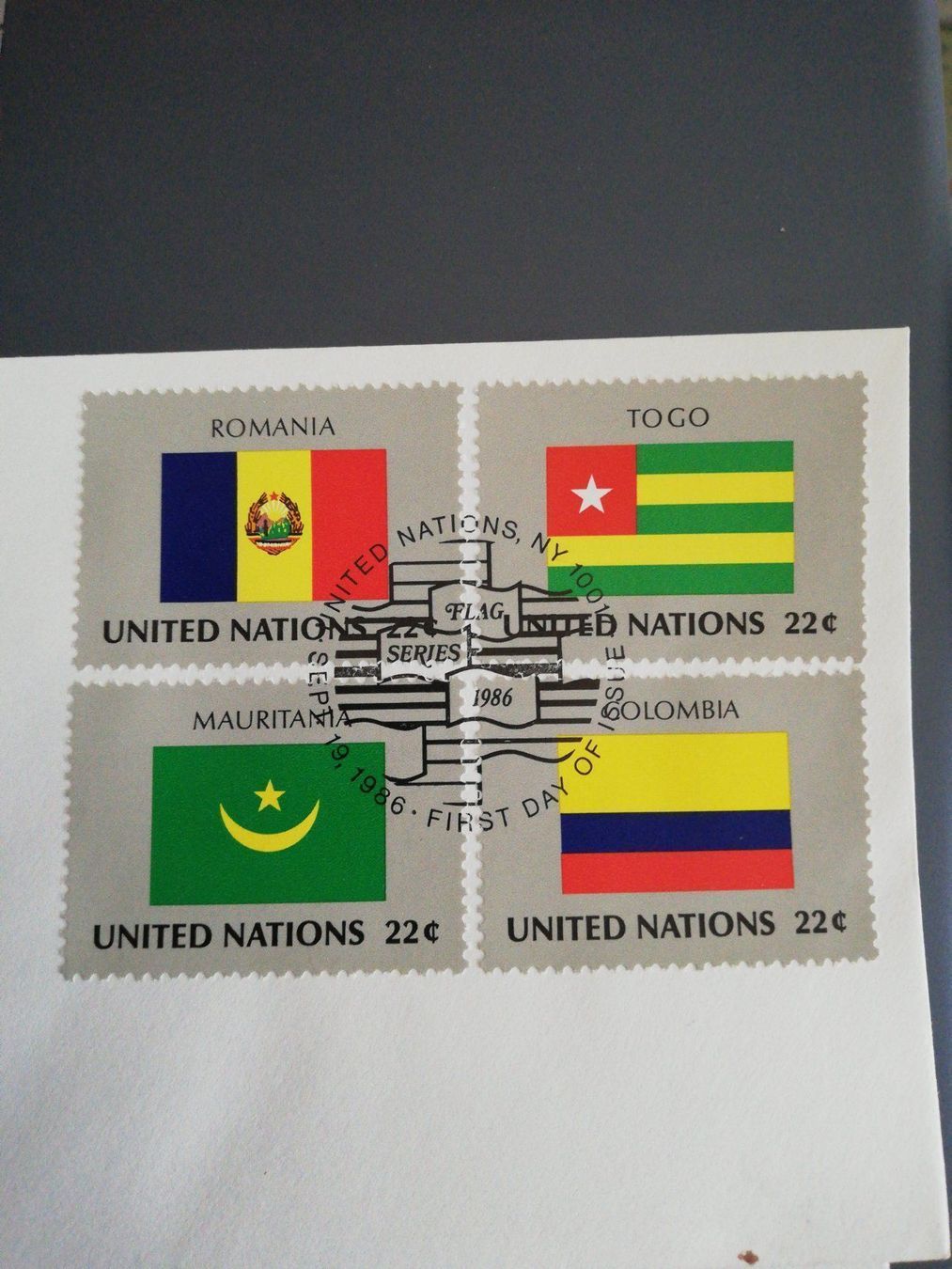 Alle Briefmarken: UNO Flaggen 1986, auf FDC – Gebraucht aus zumikon von lotegrandote