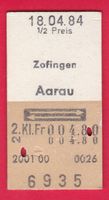 KARTON BILLETT, ZOFINGEN - AARAU, RETOUR, 2.KLASSE, HALBTAX