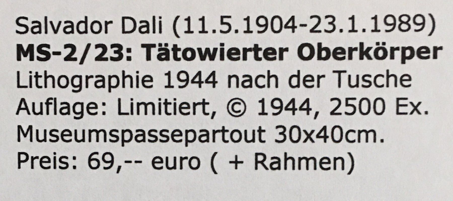 Grafica & Litografie: Salvador Dali  Tätowierter Oberkörper – Usato da Nennigkofen venduto da Sommersonnen 2