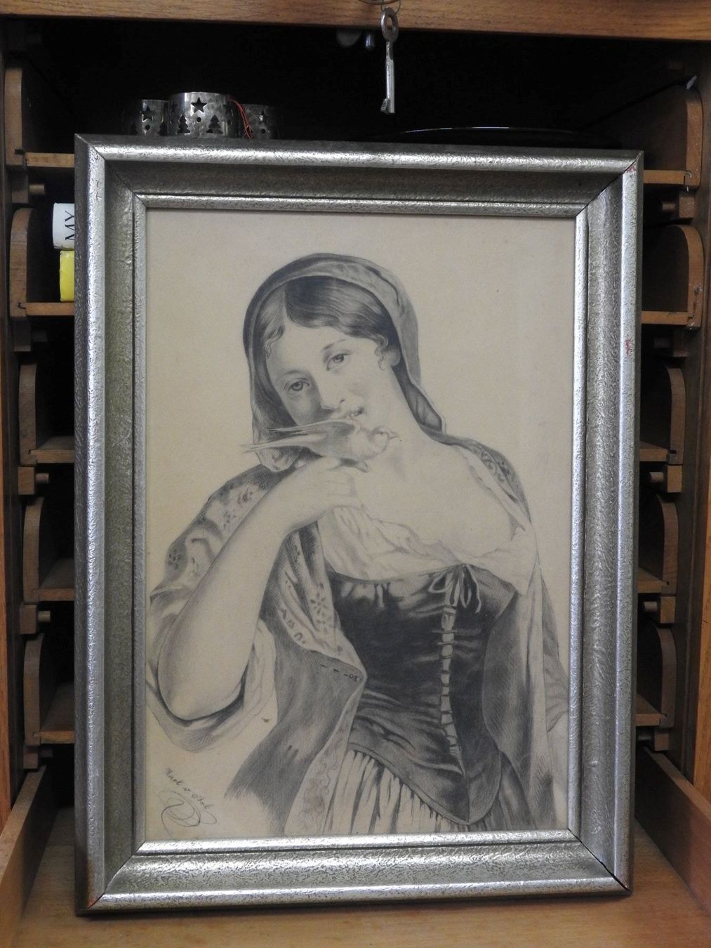 Gemälde: Mädchen mit Taube - Bild signiert – Gebraucht aus Stetten AG von Brissago25