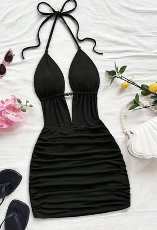 Schwarzes Neckholder Kleid, Minikleid, Sommer Kleid, S