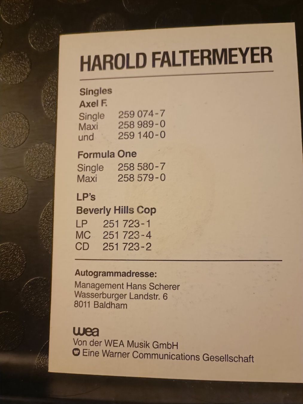 Autografi: Harold Faltermeyer - handsigniert - alte Autogrammkarte – Usato da Menziken venduto da Artographs 1