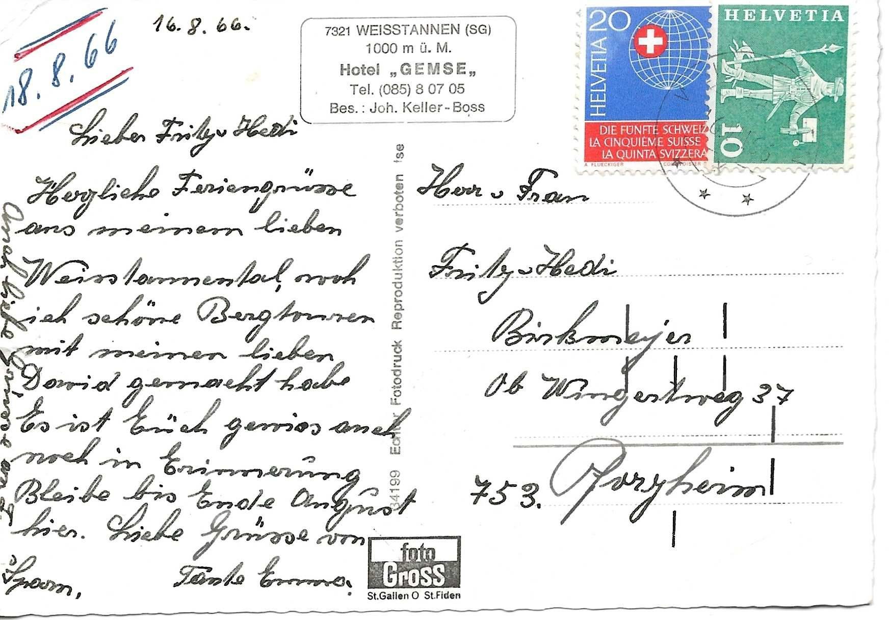 Ansichtskarten: Weisstannen SG Hotel Gemse Oldtimer 1966 mit Gebrauchsspuren – Gebraucht aus Ennetmoos von Ambuman 1