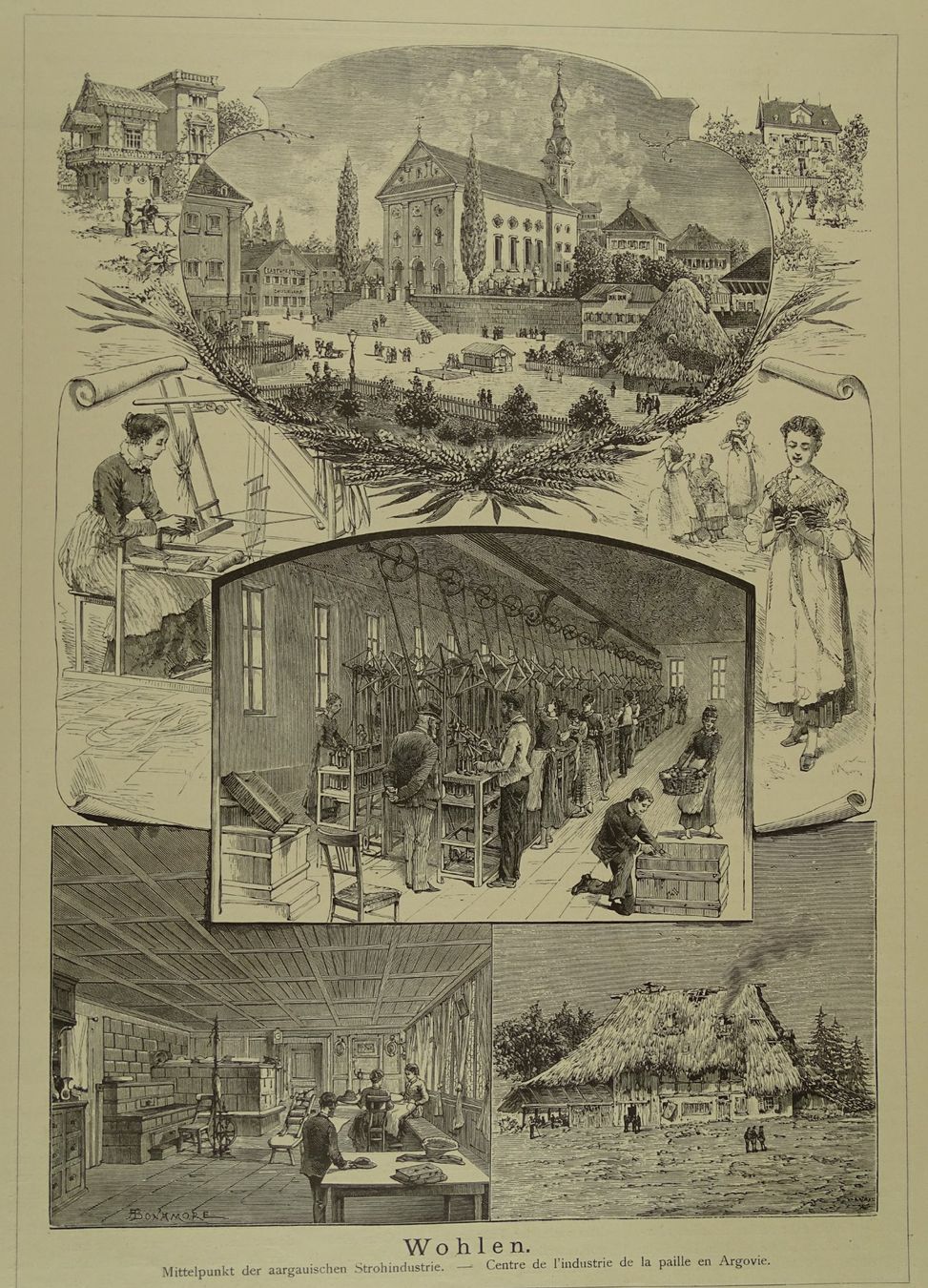 Stiche: WOHLEN, AARG. STROHINDUSTRIE, HOLZSTICH 1883 – Gebraucht aus Grüningen von Kartensammler
