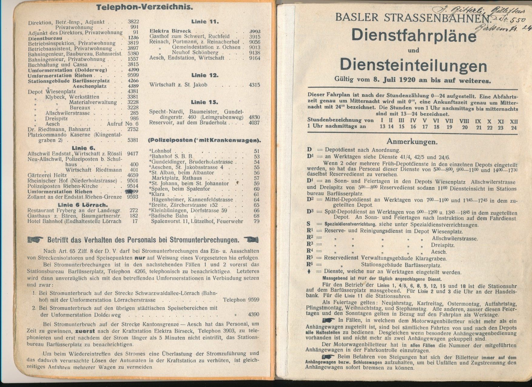 Sonstiges zum Sammeln & Seltenes: Bahn Tram Basel Basler Strassenbahn BStB Dienstfahrplan 1920 – Gebraucht aus Felben-Wellhausen von  1