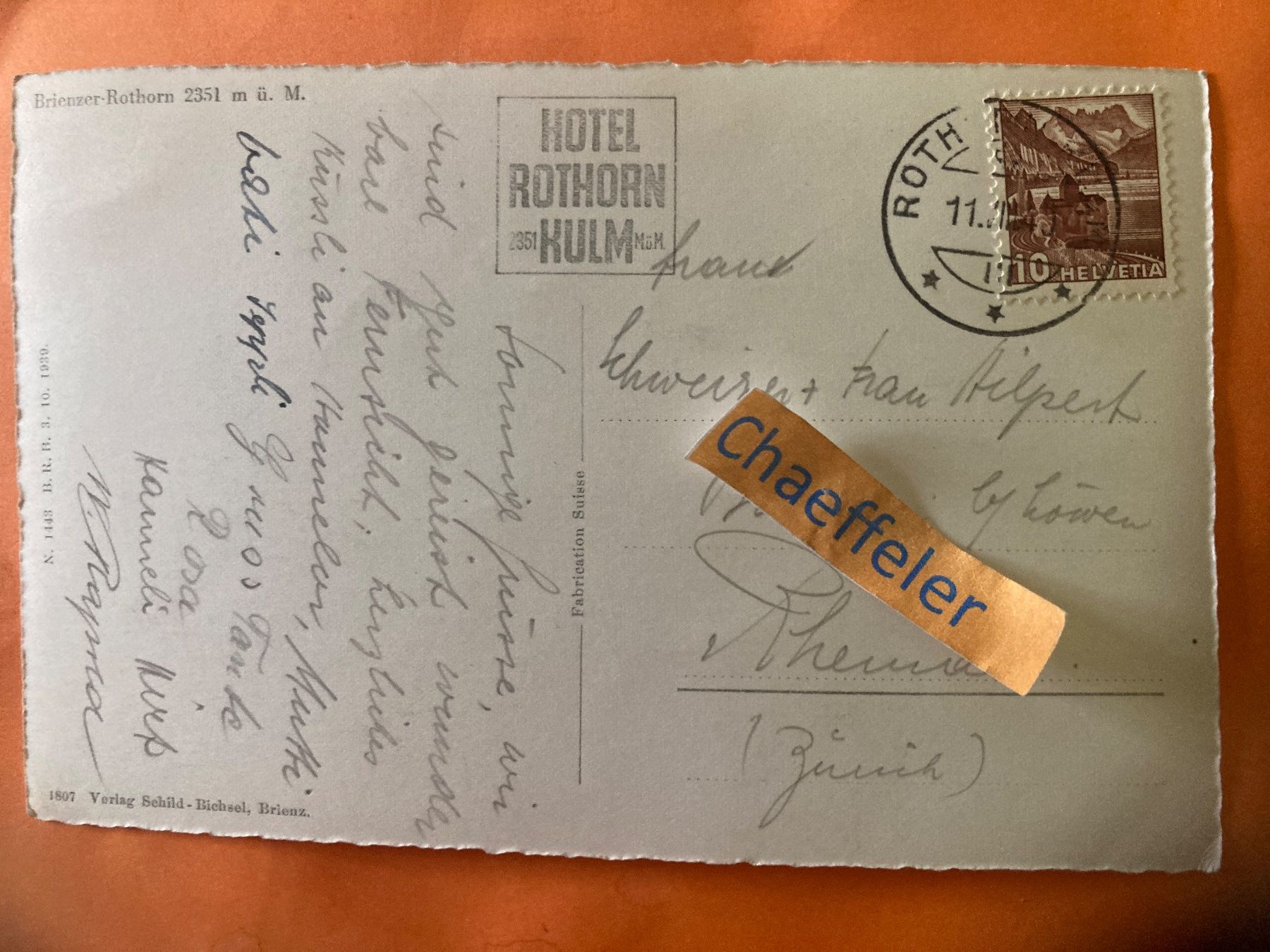 Cartoline postali: 1940 Brienzer - Rothorn – Usato da Zürich venduto da Chaeffeler 1