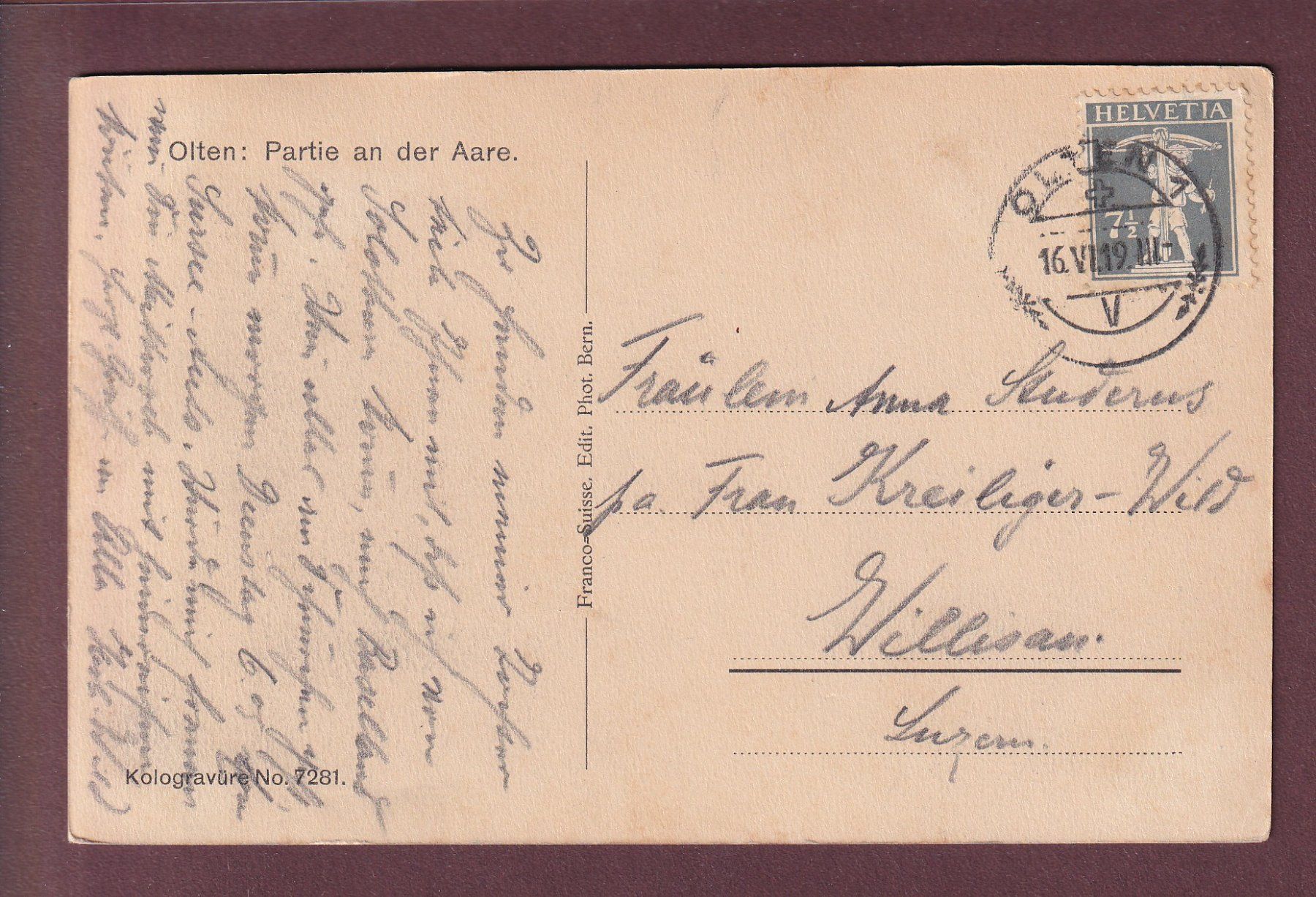 Cartoline postali: OLTEN - Partie an der Aare - 1919 – Usato da Pully venduto da nicecards 1