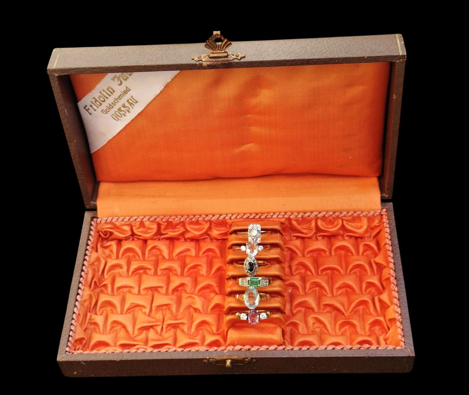 Portagioie: Antike Ringbox Schmuckbox Koffer Braun mit Seide Orange – Usato da schwyz venduto da larry91sz 4