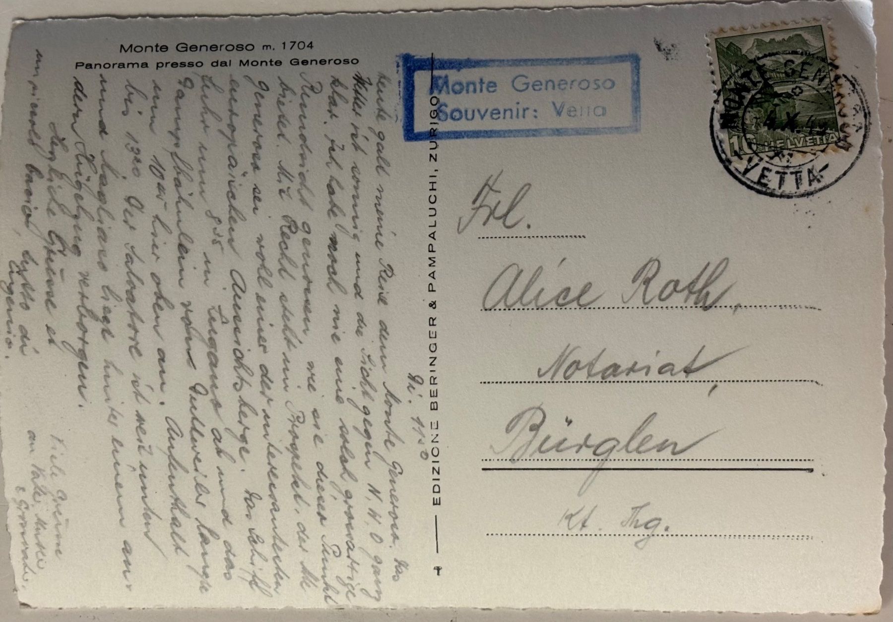 Cartoline postali: Monte Generoso, Stempel, Souvenir Vena ? – Usato da Frauenfeld venduto da Merk52 1