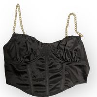 Schwarzes Satin Bustier mit goldenen Kettenträgern