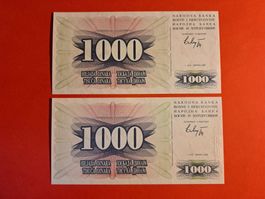 BOSNIEN UND HERZEGOWINA - 2x 1000 Dinara 1992 UNC