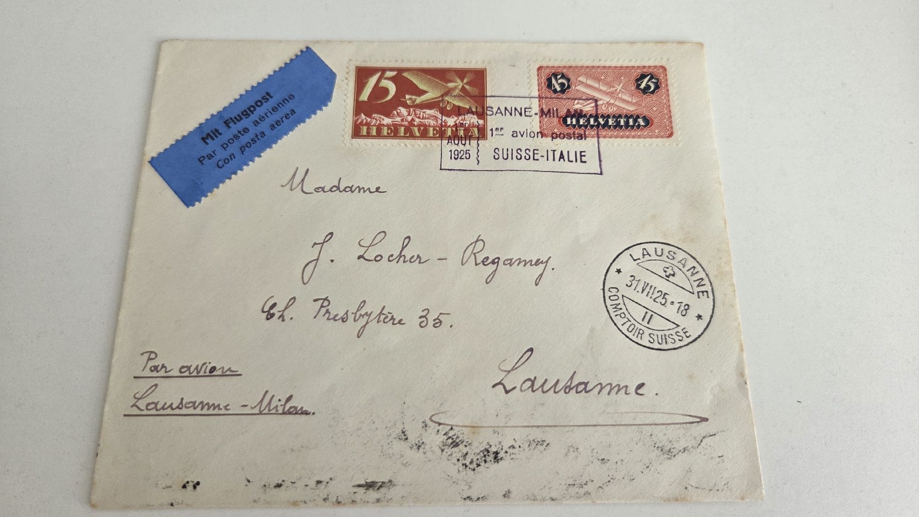 Tutti i francobolli: 1925 Flugbrief 1. Flug Lausanne - Milano – Usato da Arni AG venduto da Moth68