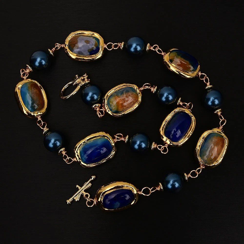Catenine: Blau Achat Perlmutt Kette Echt Collier Agate Perle nacre – Nuovo (secondo la descrizione) da Prilly venduto da ilyria73 2