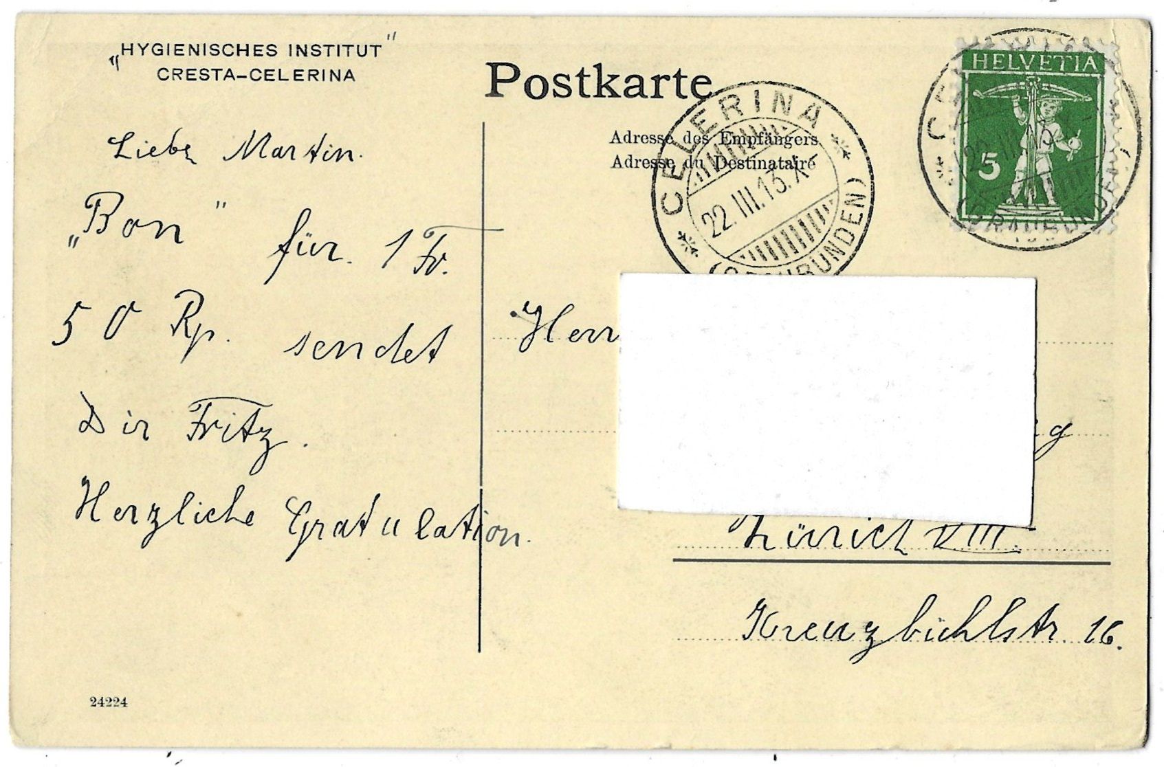 Cartoline postali: " HYGIENISCHES  INSTITUT "  CRESTA_CELERINA – Usato da Bütschwil venduto da Jackson1A 1