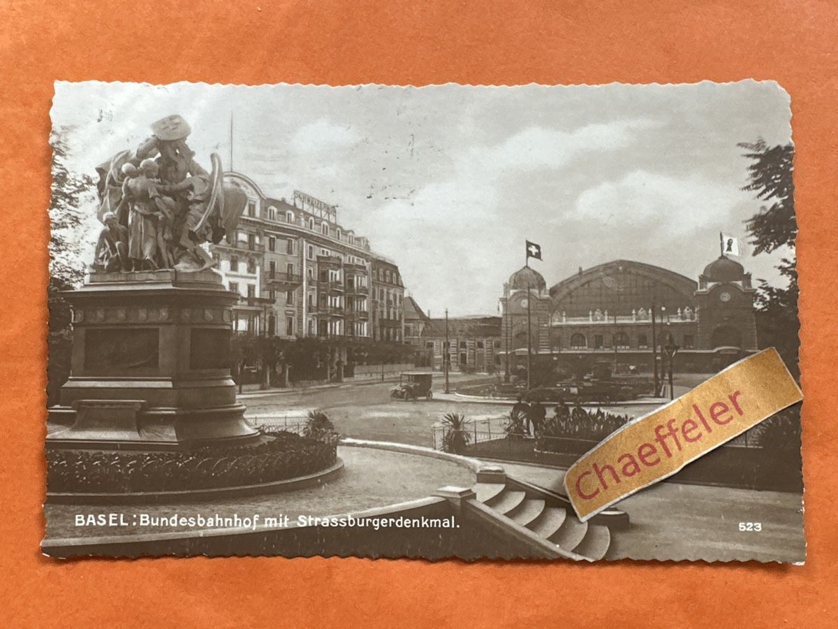 Cartoline postali: 1922 Basel, Bundesbahnhof mit Strassburgerdenkmal – Usato da Zürich venduto da Chaeffeler