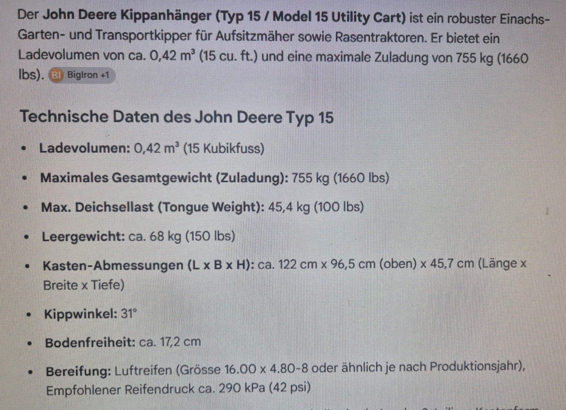 John Deere Rimorchi: John Deere Kippanhänger Typ 15 – Usato da Niederglatt ZH venduto da Hinti50 6