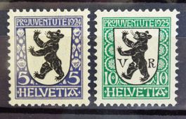 PRO JUVENTUTE 1924, 5 C + 1925, 10 C: langue fourchue **