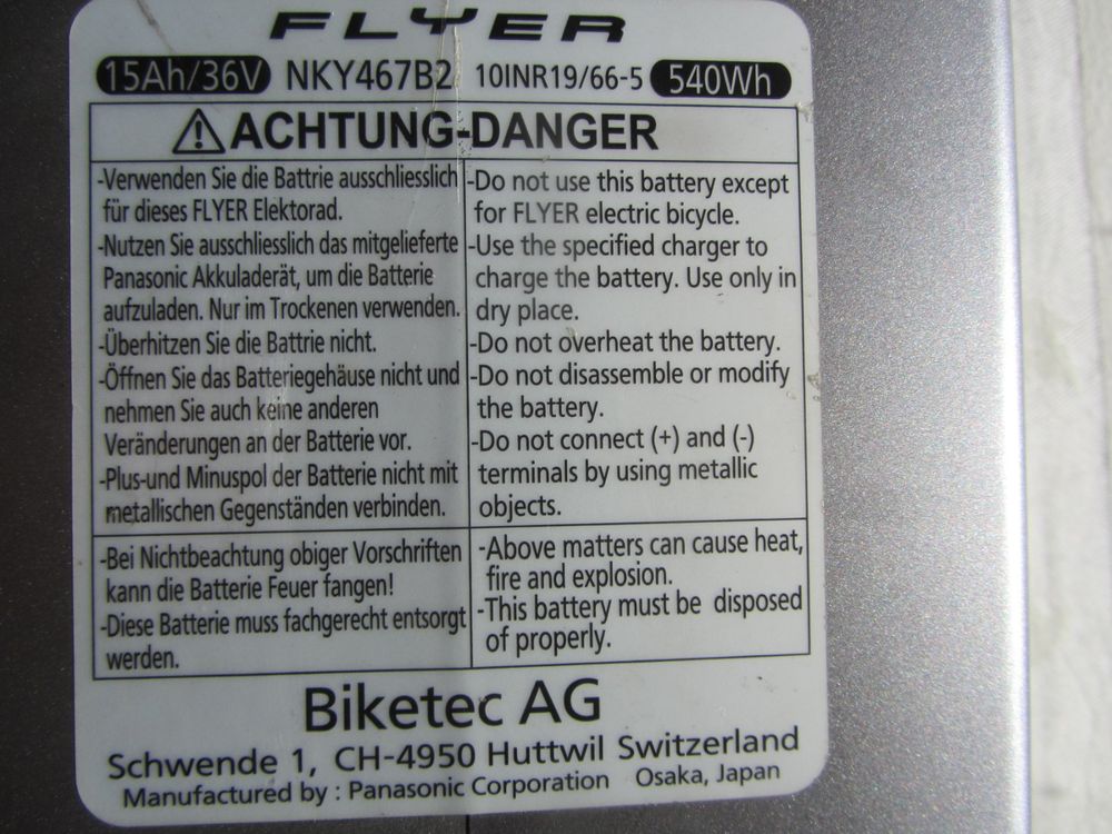 Batterie E-Bike Originale FLYER Flogo 36V 15Ah (540Wh) - Neuf - Réf 17320337182