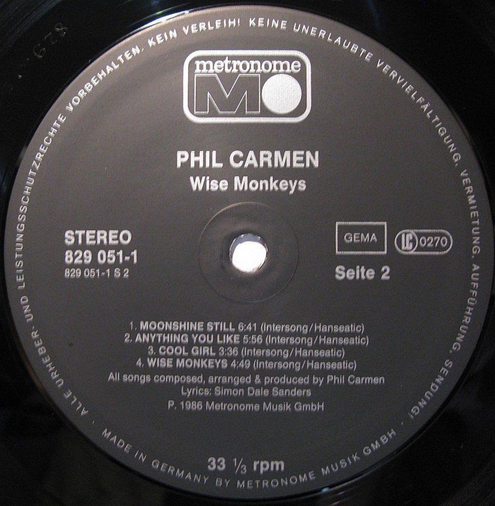 Schallplatten: PHIL CARMEN "Wise Monkeys" LP, COVER, LABELS & INNER IN NM! – Gebraucht aus Monthey von Pingmub 3