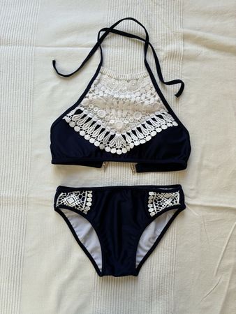 Halter-neck Bikini set - Dark Blue with white Lace Size S