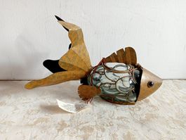 Rar Vintage Fisch aus Metall und gewoelb.Glas für Teelichter