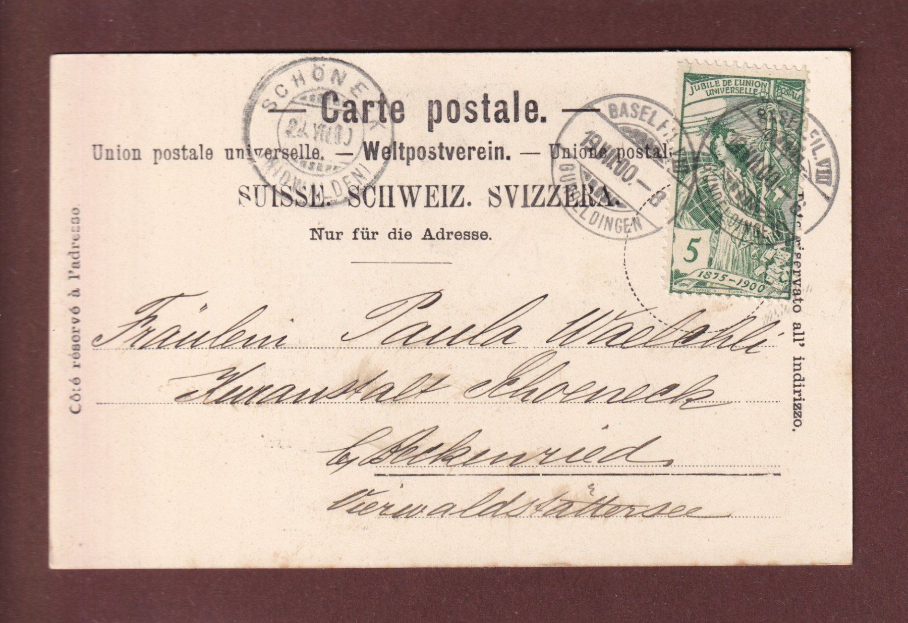 Cartoline postali: BASEL - Theater - 1900 UPU – Usato da Pully venduto da nicecards 1
