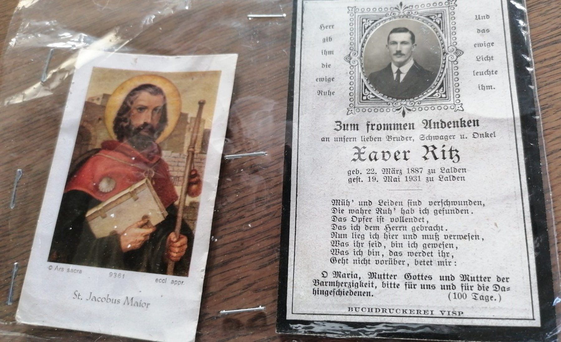 Dokumente: Andenken an Xaver Ritz 1931 – Gebraucht aus Grächen von Hel7890