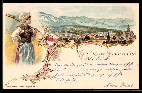Cartoline postali: Solothurn, Ortsansicht mit Frau in Trach – Usato da Berlin venduto da bartko-reher