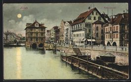 AK Zürich, Rathausquai bei Nacht, 1918
