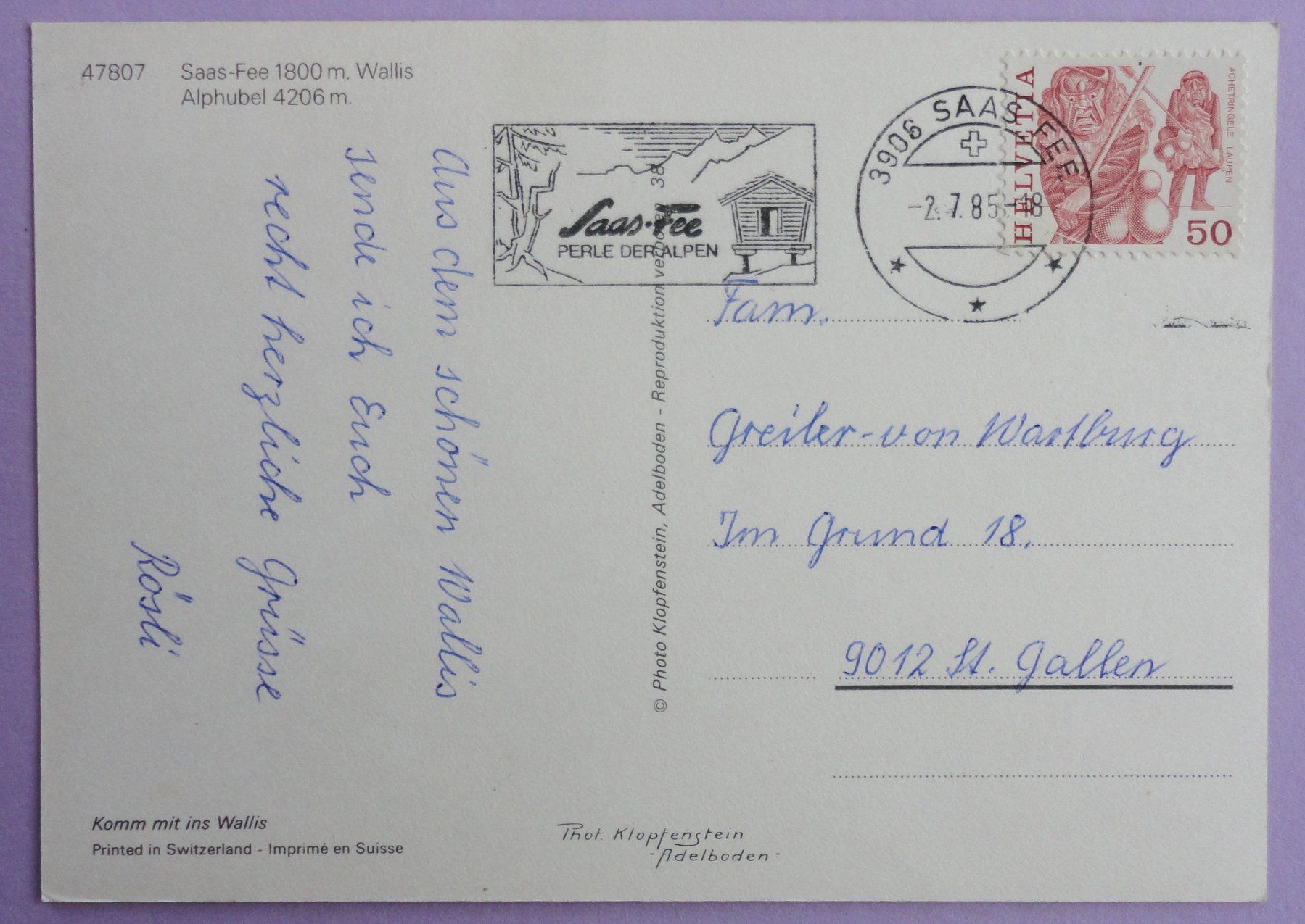 Cartoline postali: Saas-Fee 1800 m, Alphubel – Usato da Fétigny venduto da Billy2miny 1