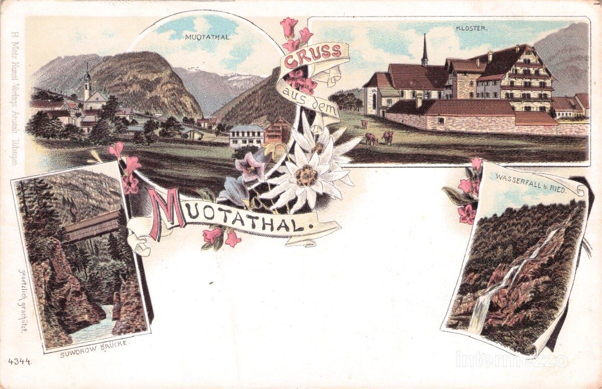 Cartoline postali: Muotathal SZ // ca. 1900 Litho Kloster Wasserfall Ried – Usato da Basel venduto da intermezzo12