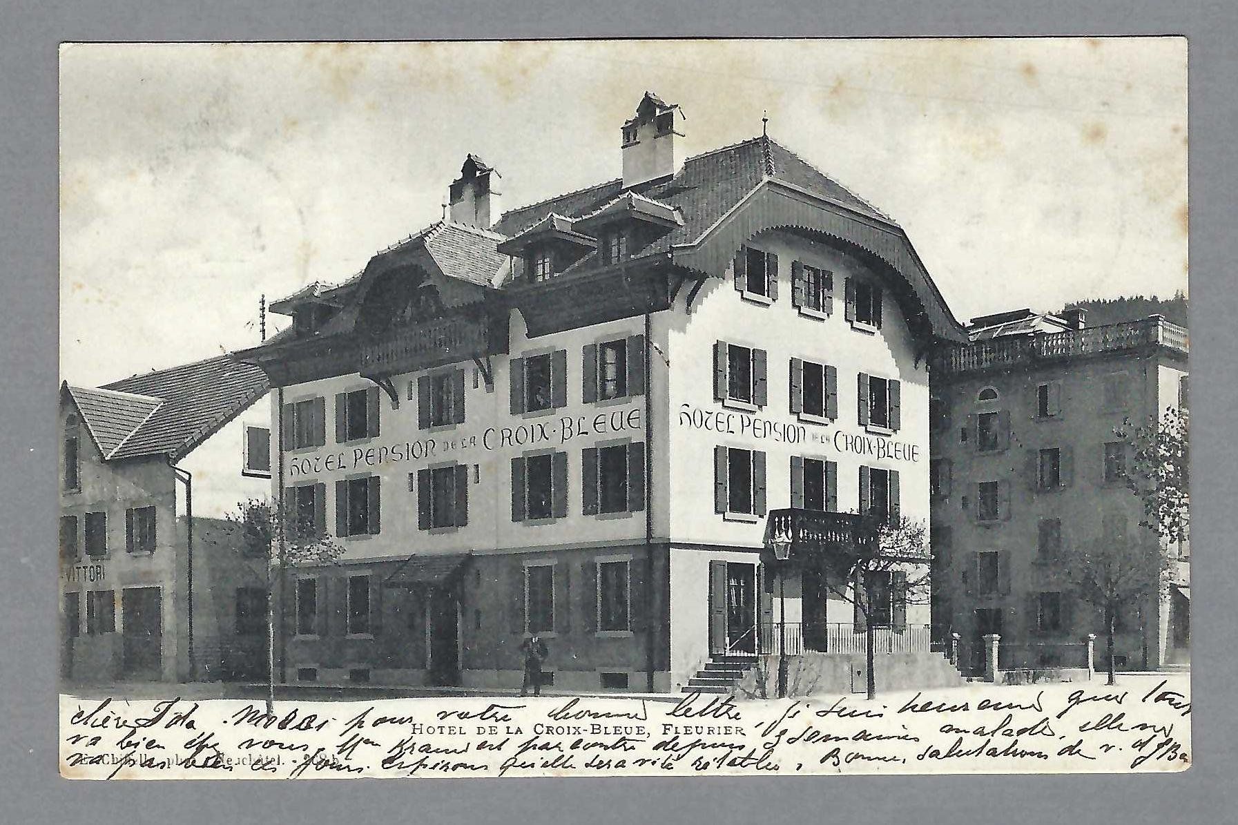 Cartoline postali: 1901, FLEURIER, HÔTEL DE LA CROIX-BLEUE – Usato da Pura venduto da ulisse1957