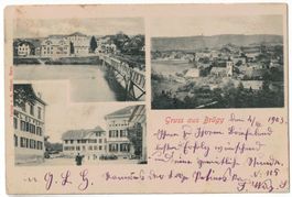 Brügg, Gasthof, Hotel, Brücke, Kirche, gelaufen 1903