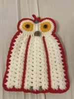 Topflappen, Eule, weiss / rot, Wolle, handgehäkelt, neu