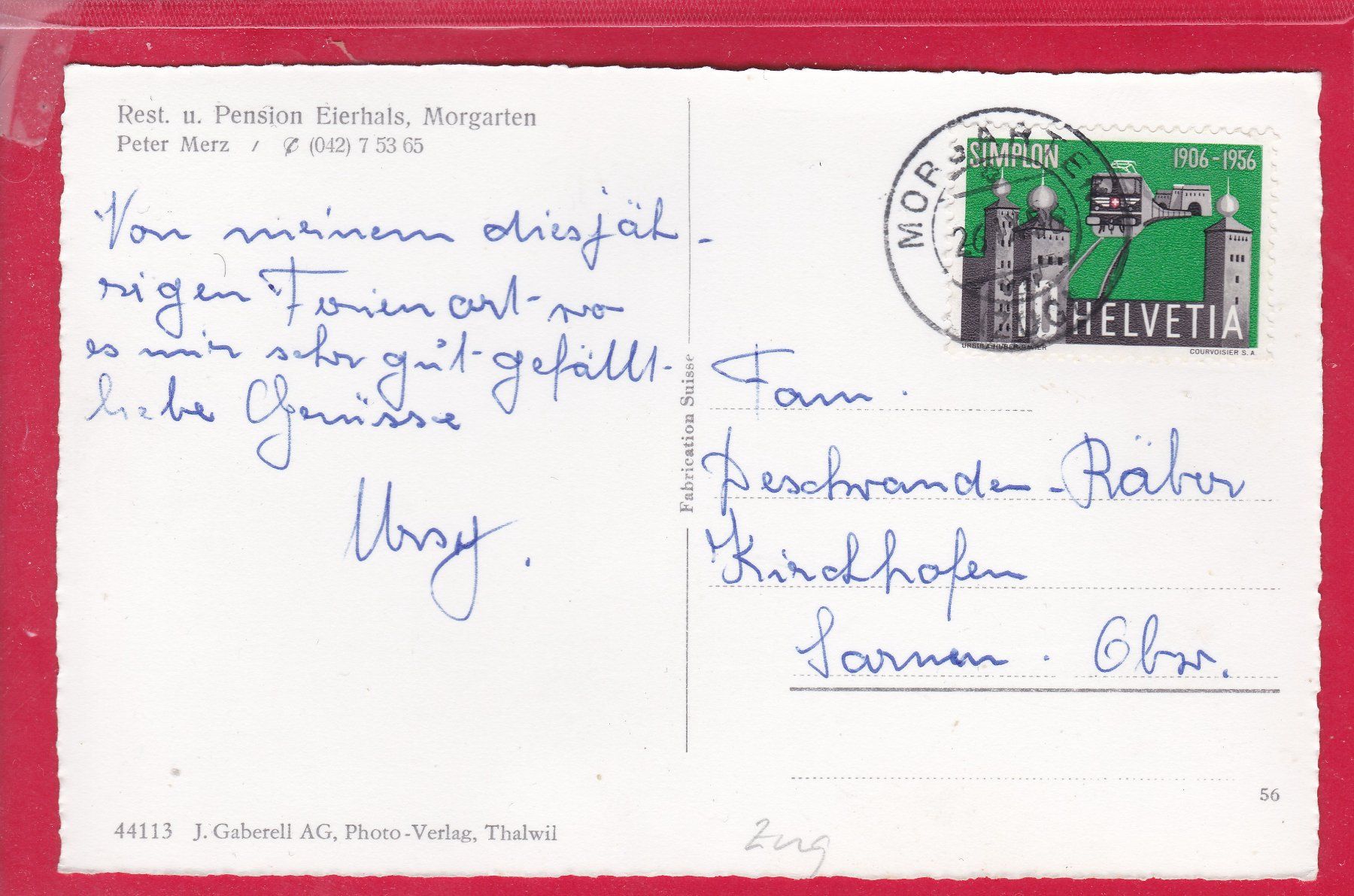 Cartoline postali: MORGARTEN, REST. UND PENSION EIERHALS, 20.9.1956 – Usato da Oberrieden venduto da Gebirgsstelze 1