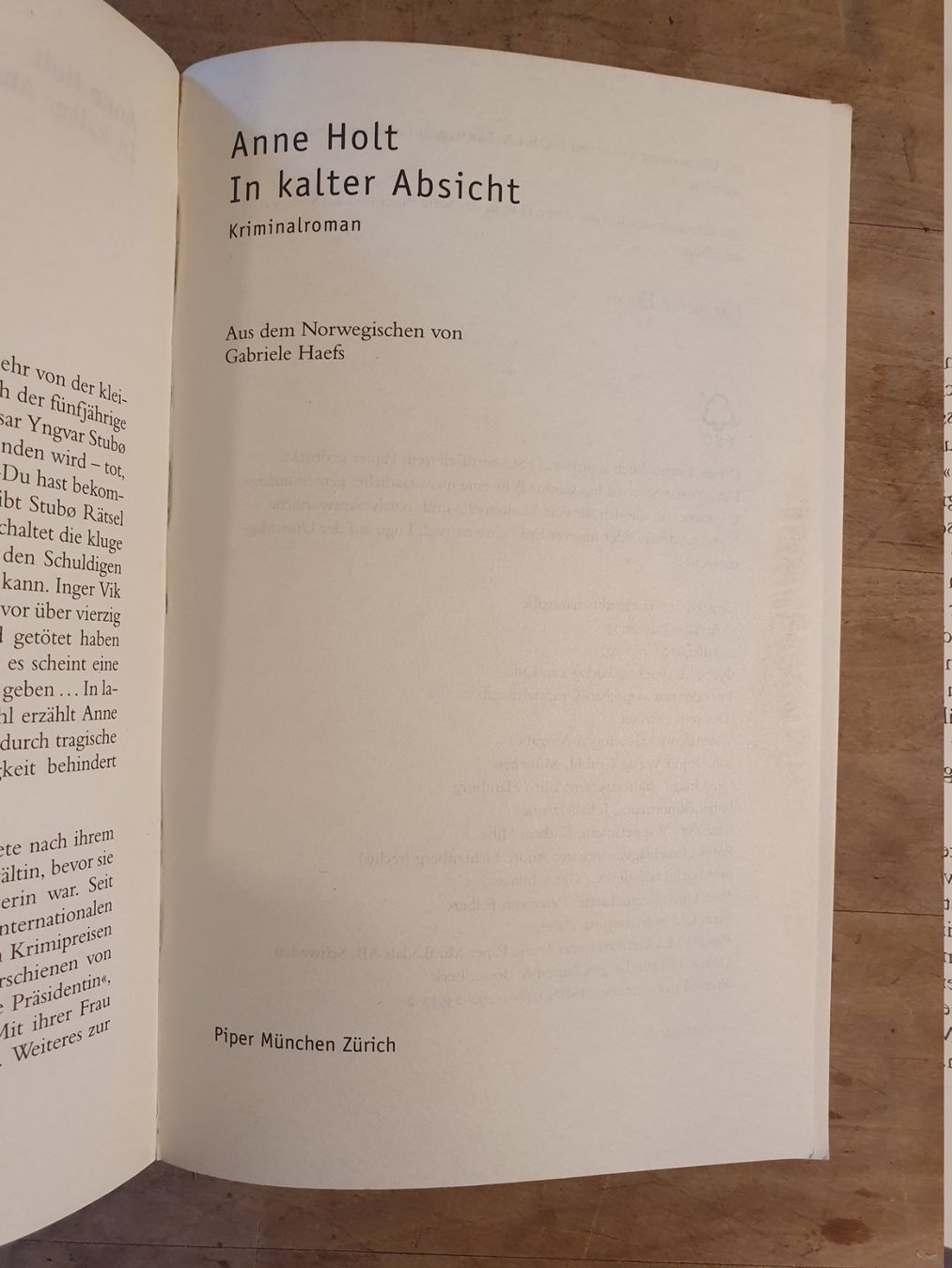 Libri: In kalter Absicht - Anne Holt - Piper – Usato da Zürich venduto da loosebone 1