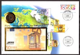 Numis Grossbrief, Euro Wegweiser, mit Münze + faksimile Note