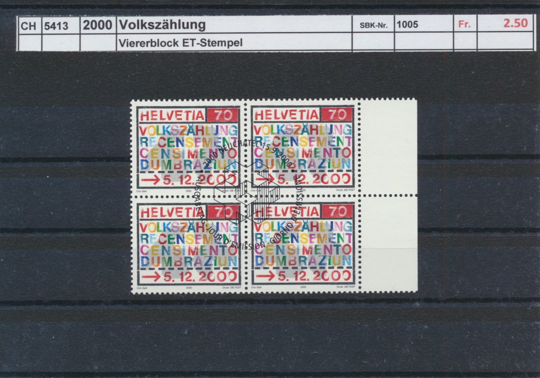 Tous les timbres: 2000 "Volkszählung", Viererblock, ET - Stempel – D'occasion à Winterthur par Zupogeru