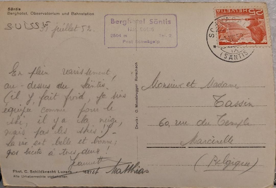 Ansichtskarten: SÄNTIS - Berghotel, Observatorium und Bahnstation - 1952 – Gebraucht aus Delémont von Domdom1 1