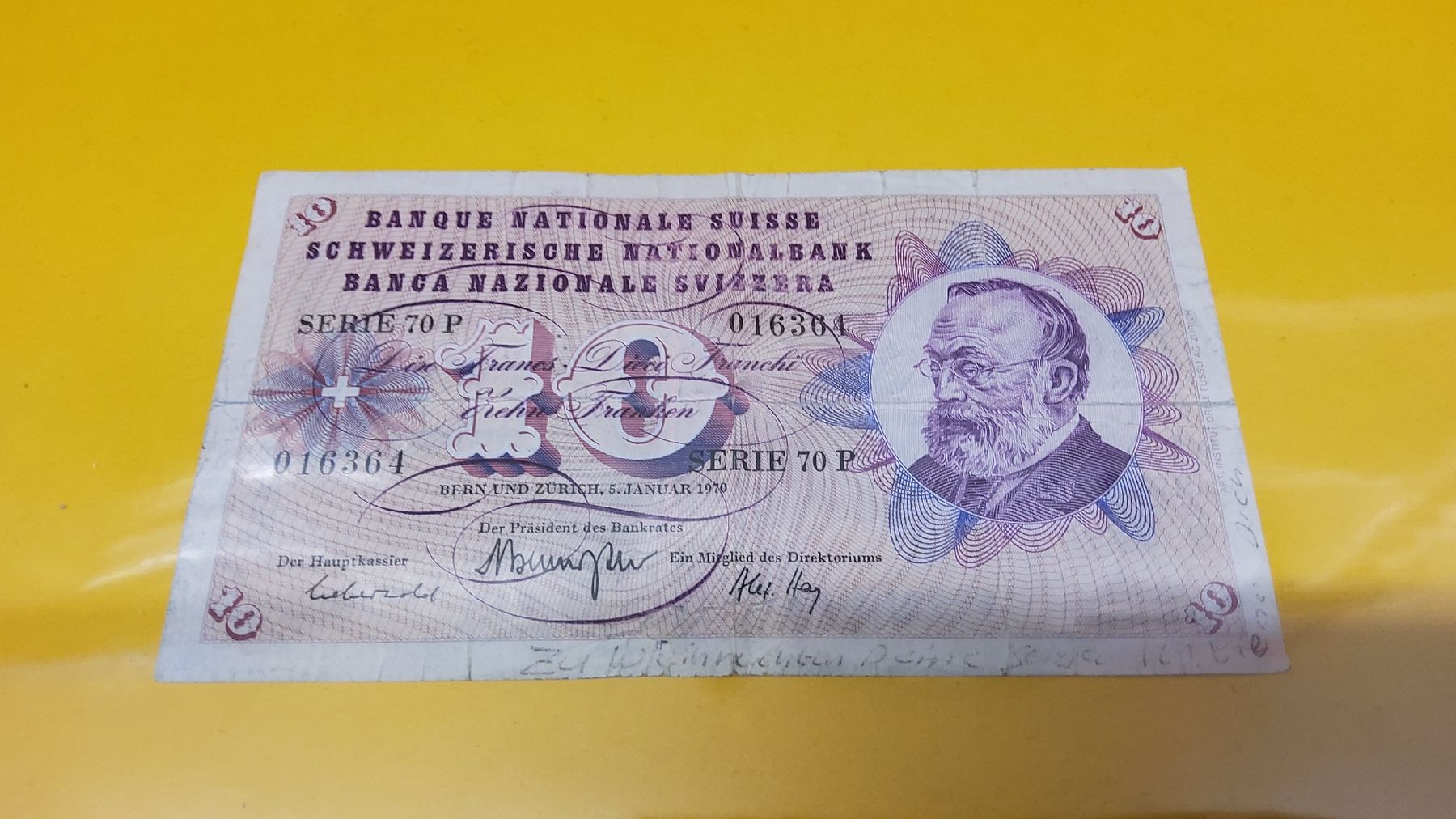 Banknoten: Schweizer 10-Franken-Note, Serie 70 P, 5. Januar 1970 – Gebraucht aus Herisau von Nluanalucas