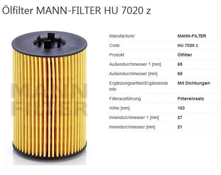 MANN-FILTER Ölfilter HU 7020 z - VW AUDI SKODA SEAT Diesel