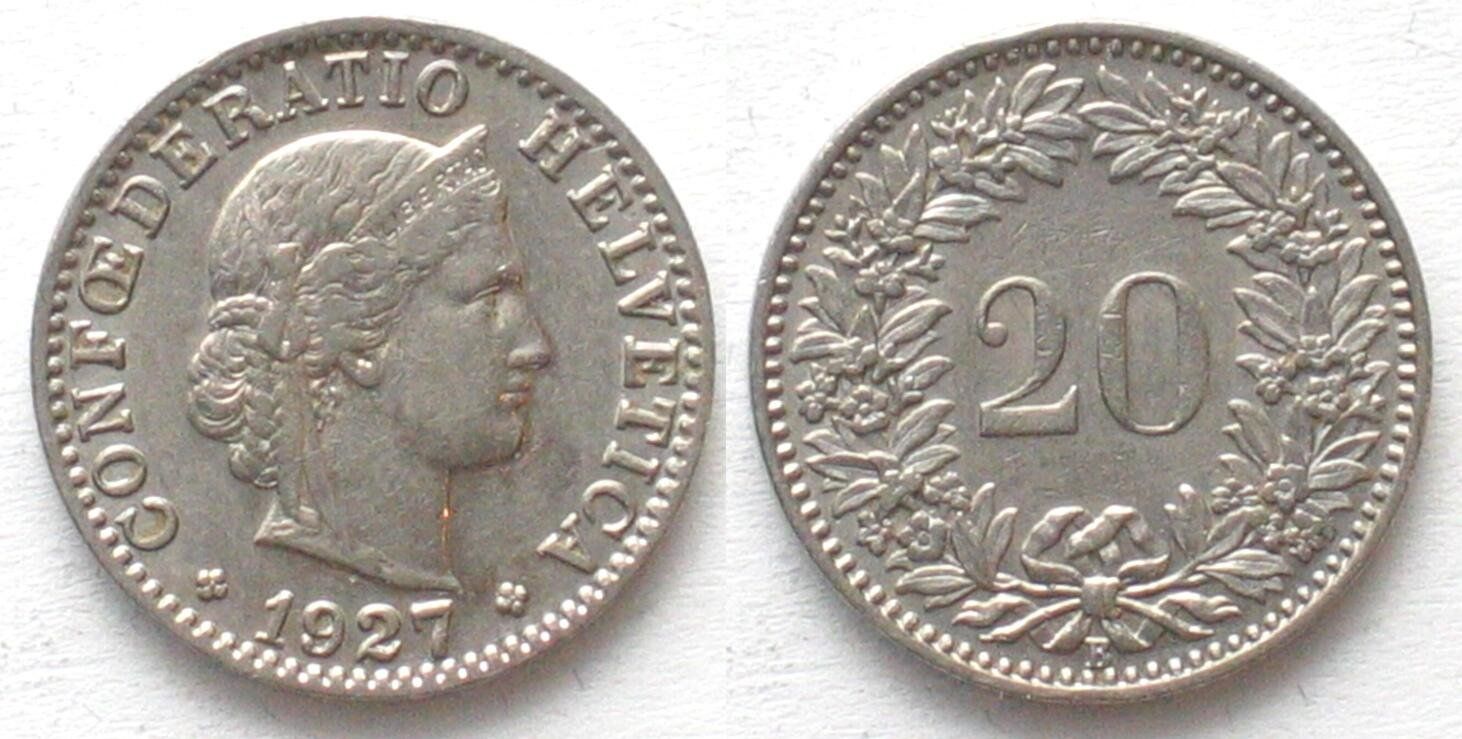 Tutti le monete: Schweiz EIDGENOSSENSCHAFT 20 Rappen 1927 Nickel – Usato da Riehen venduto da sesambestcoins2004