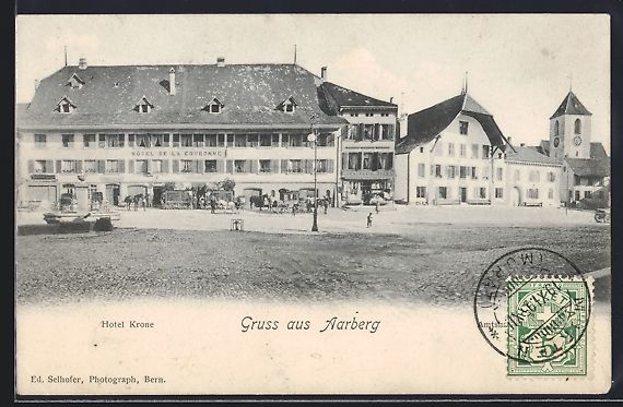 Cartoline postali: Aarberg, Hotel Krone mit Strassenpartie – Usato da Berlin venduto da bartko-reher